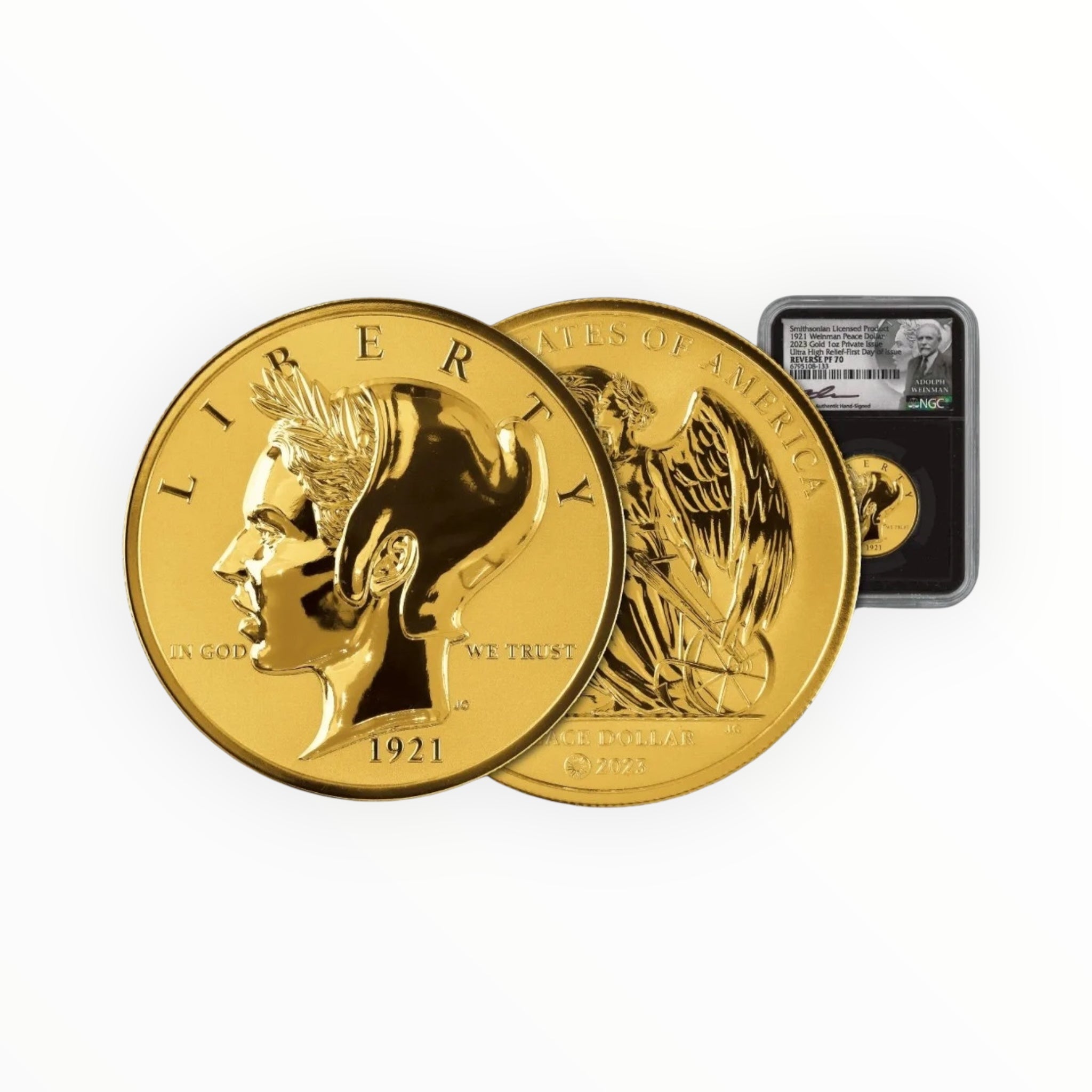 Smithsonian® 1 oz Gold 1921 Weinman Peace Dollar Ultra High Relief Reverse Proof NGC PF70UC First Day of Issue w/Black Core & Jody Clark Signed Label