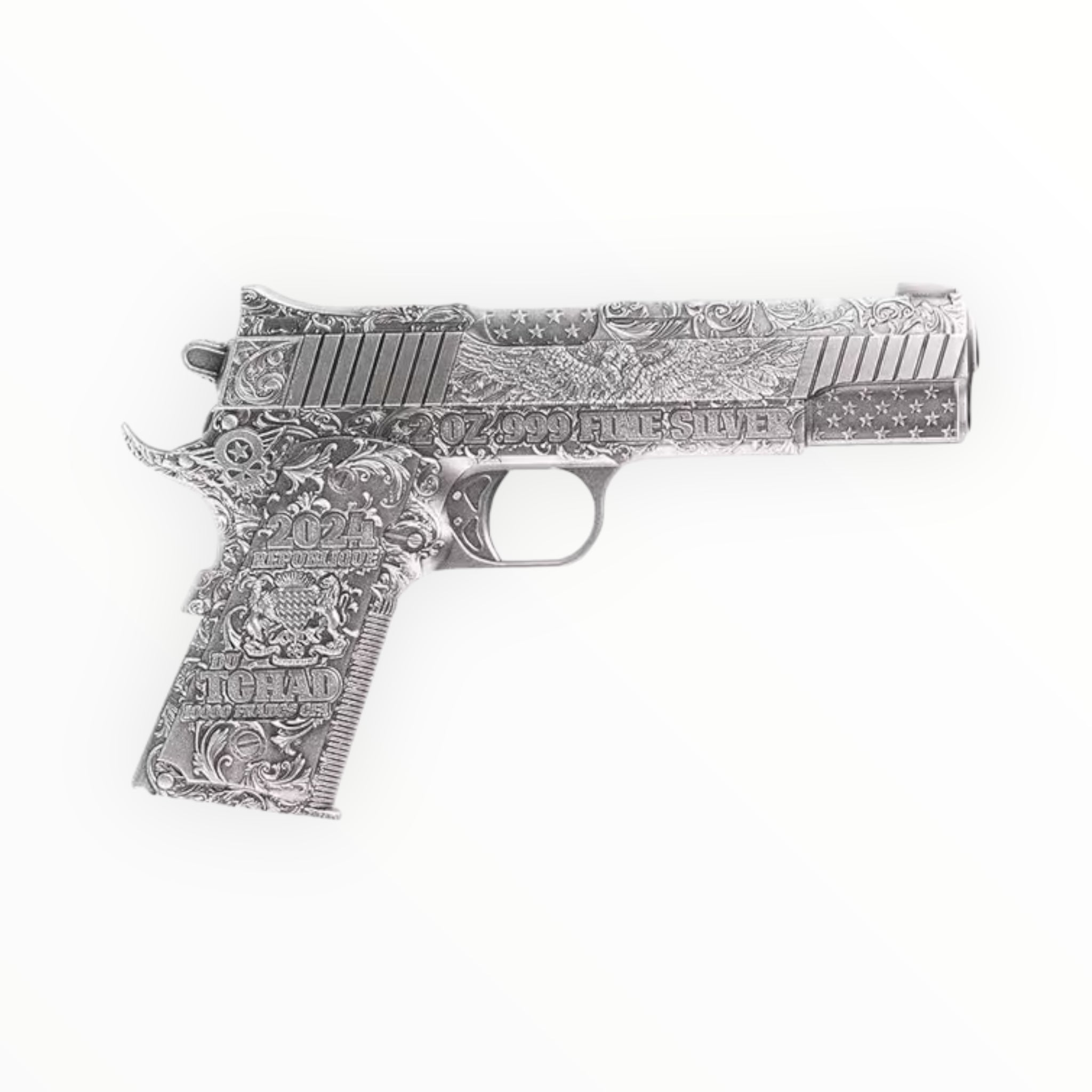 2024 Chad .45 Caliber Pistol Shaped Antiqued 2 oz Silver Coin