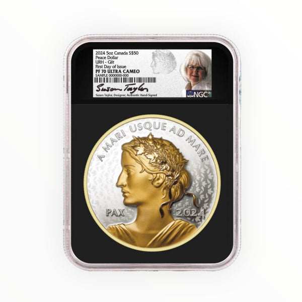 2024 Canada $50 5-oz Silver Gold-Plated Peace Dollar Ultra High Relief NGC PF70UC First Day of Issue w/Taylor-Signed Label