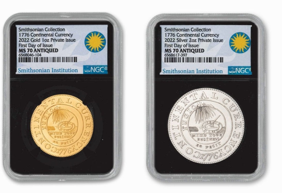 1776 Smithsonian Continental Currency Silver & Gold Antiqued 2-pc Commemorative Set NGC MS70 First Day of Issue w/Black Core & Smithsonian Label